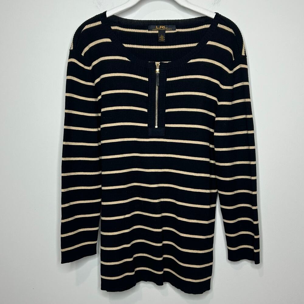 Lauren Ralph Lauren Striped Knit 1/4-Zip Knit Shirt Size L Ribbed Cotton Preppy